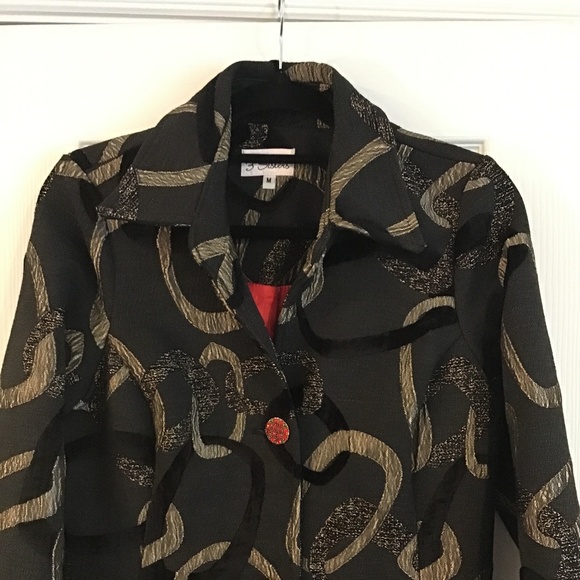Fabulous 3/4 length black/dark gold brocade textured coat size M - Picture 8 of 9